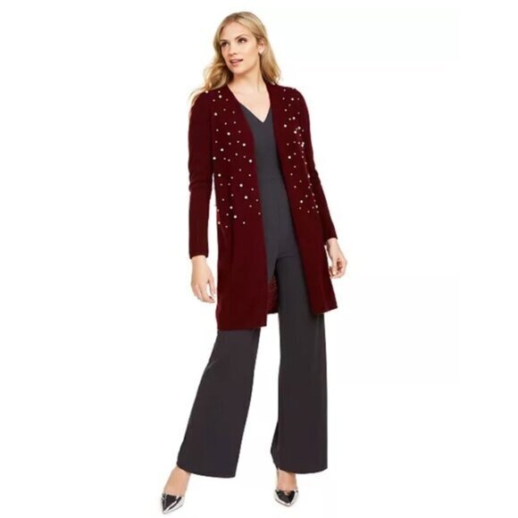 Charter Club 100% Cashmere Faux Pearl Open Long Line Cardigan Sweater L Red/Burg - Picture 1 of 16